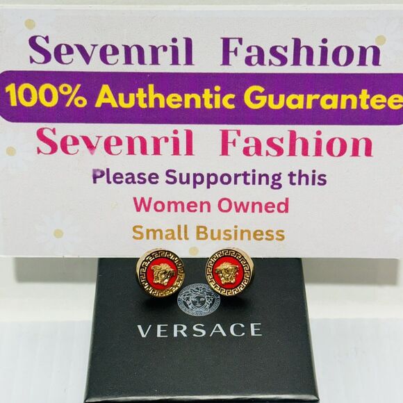 NIB Versace Icon Medusa Greca Stud Earrings Gold Tone Red Engraved Unisex $475 - Picture 5 of 9